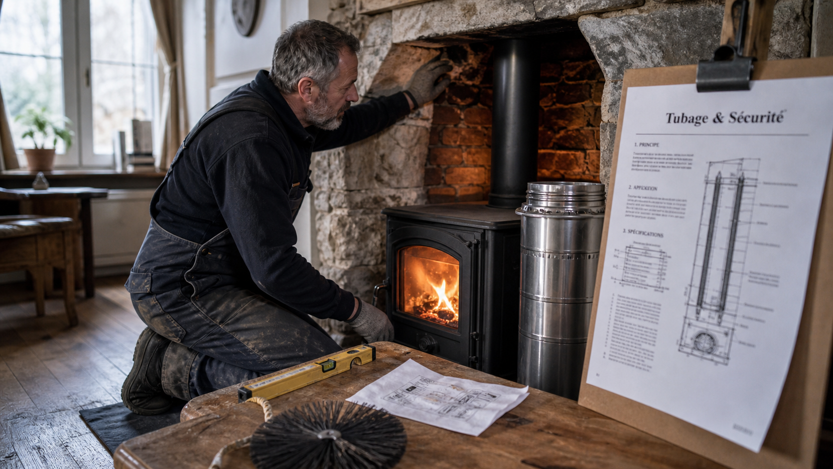 Poele a bois tubage : artisan inspecte le conduit