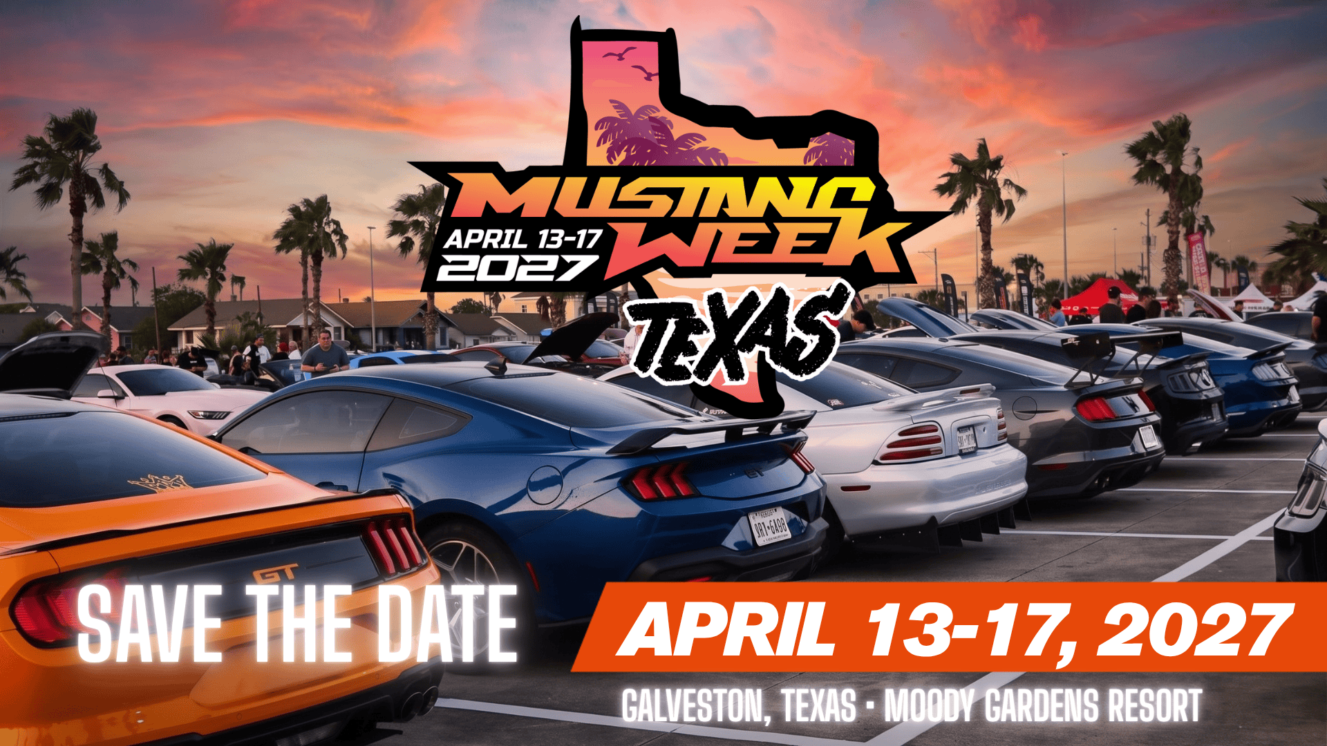 Cars at Mustang Week Texas 2027 event at Moody Gardens Resort.