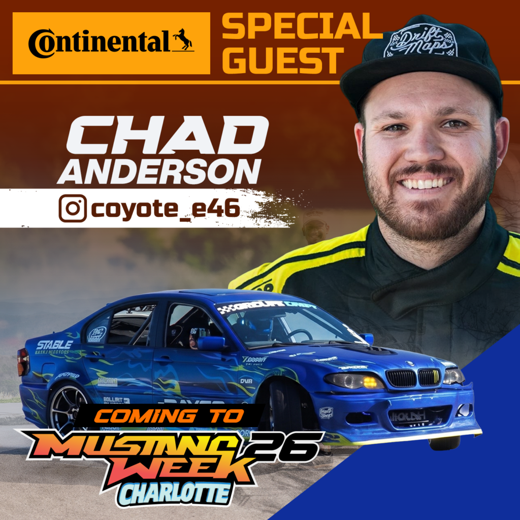 Chad Anderson at Mustang Week 2026 with blue race car in background.