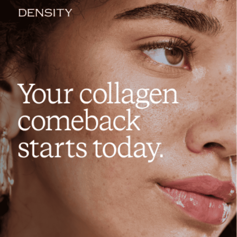 Close up of woman with brown eyes and freckles looking to the right with overlying text "Your collagen comeback starts today."