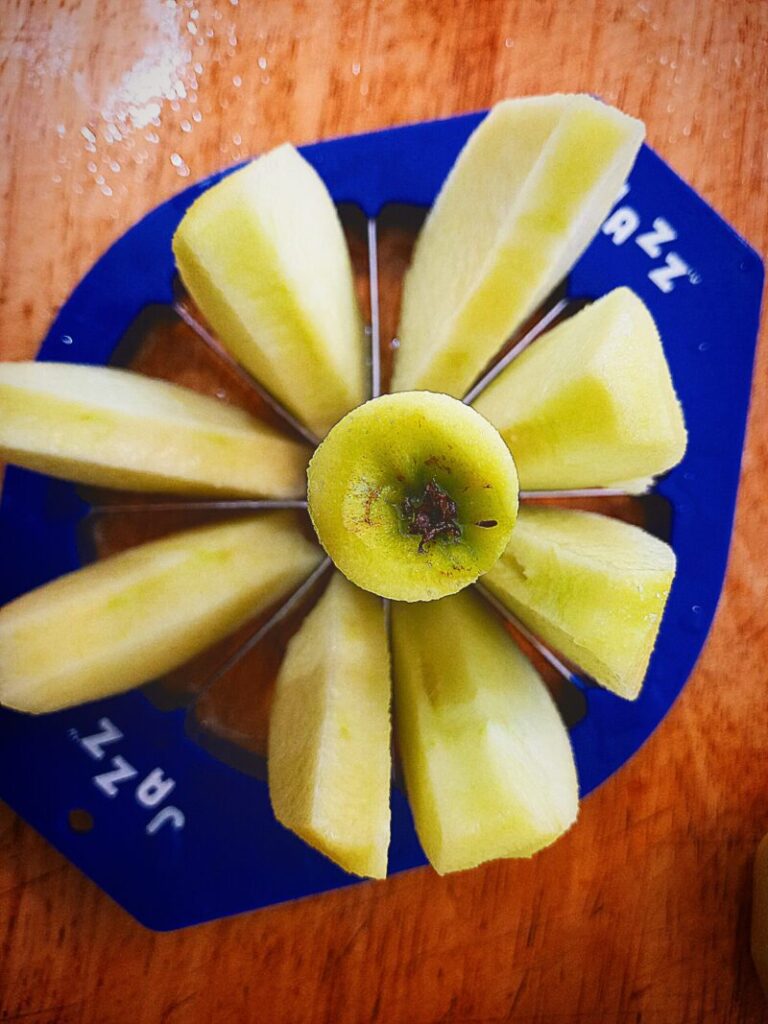 An apple slicer cored and cut an apple into 8 slices