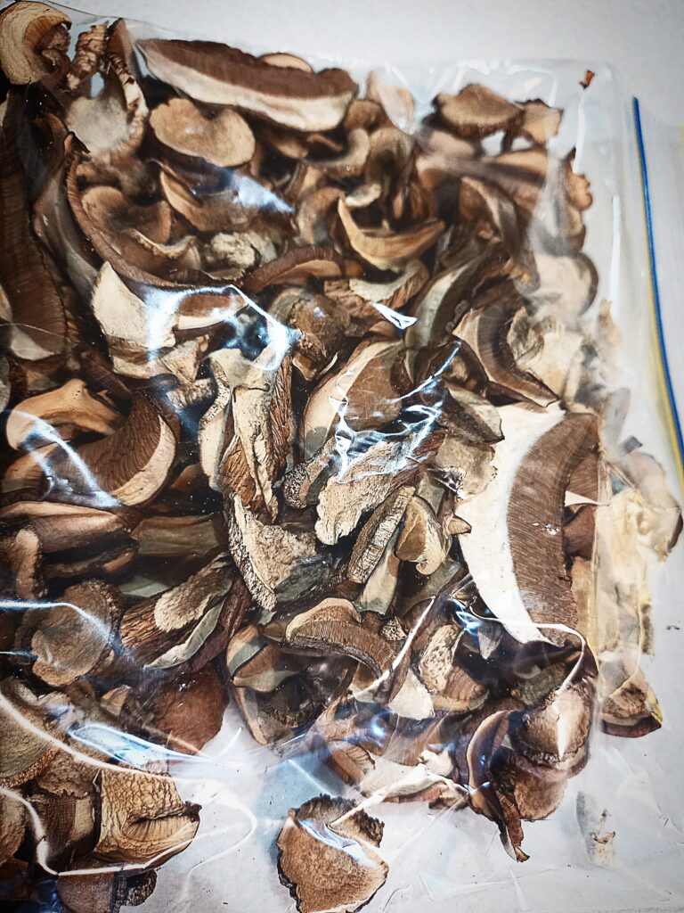 dried, sliced porcini mushrooms in a zip lock bag