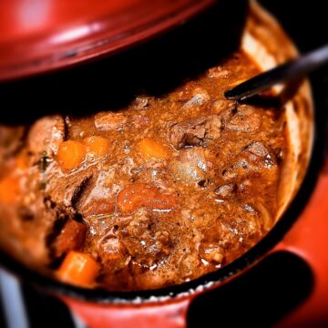 venison stew in a red dutch oven with a ladle in it