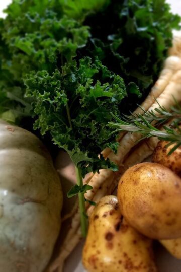 Freshly harvested autumn vegetables on a white kitchen bench