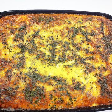 Lamb and courgette bake cooked golden brown