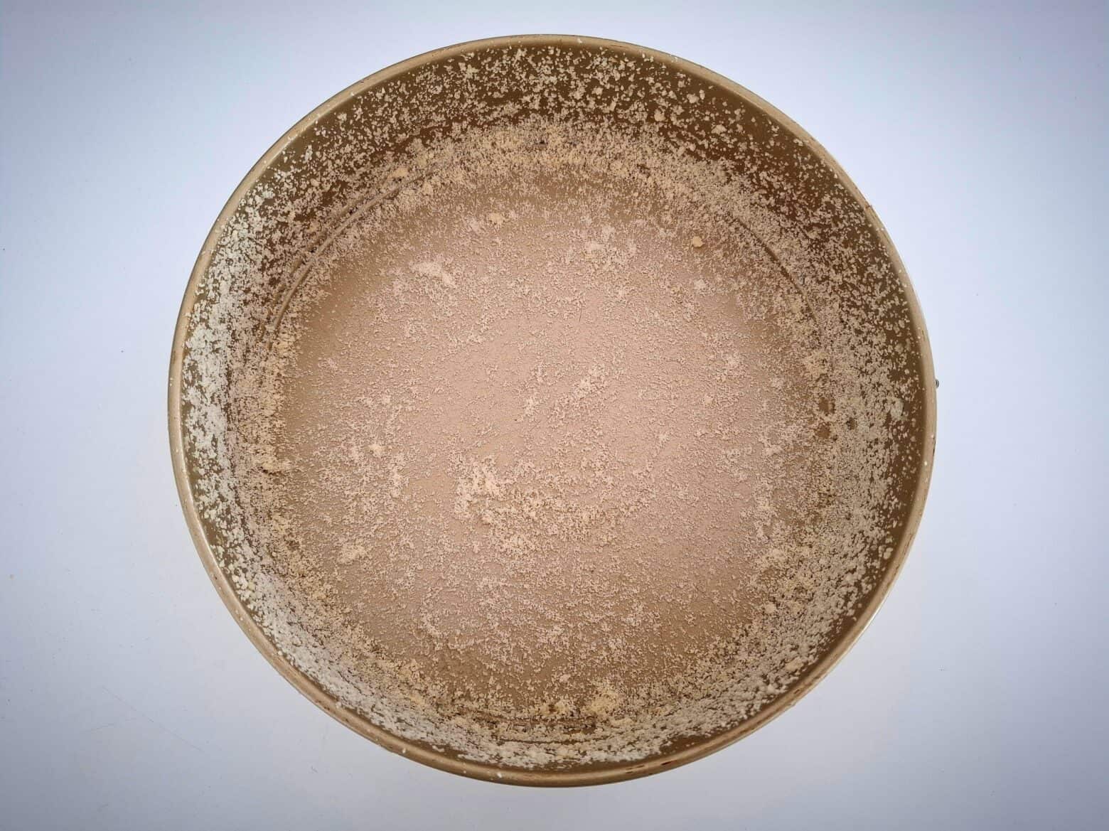 A round cake tin with a thin coating of almond meal crumbs on the inside of it on a white table.