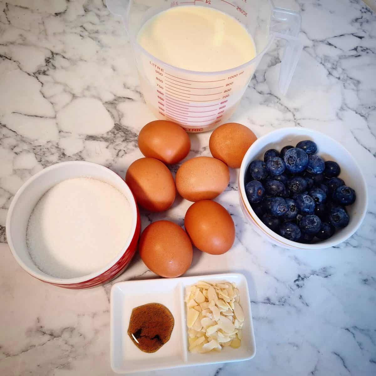 All the ingredients for blueberry baked custard on a marbled bench top.