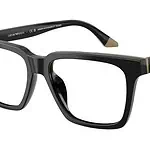 Black eyeglasses with rectangular frames for vision correction.