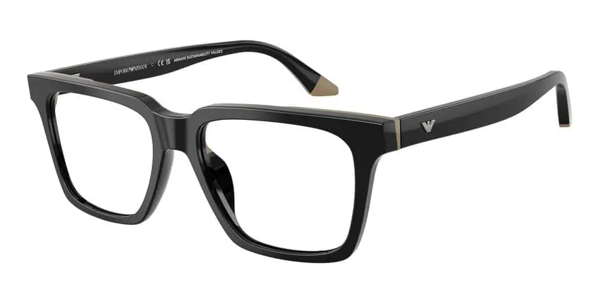 Black eyeglasses with rectangular frames for vision correction.