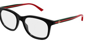 Optometric glasses with black frame and red-green temple accents.