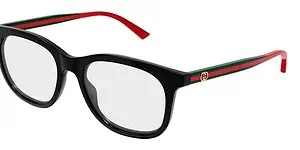 Optometric glasses with black frame and red-green temple accents.
