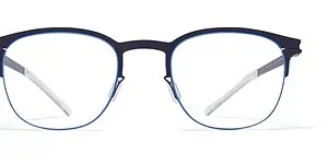 Blue and silver eyeglasses with a sleek design for clear vision and style.