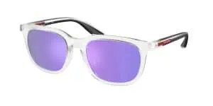 UV protection sports sunglasses with purple lenses and clear frame.