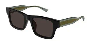 Black sunglasses with dark lenses and green arms for eye protection.