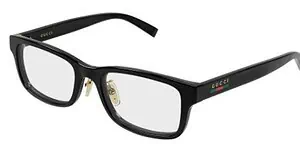 Stylish black Gucci eyeglasses with gold accents, perfect for men and women.