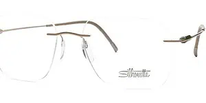 Rimless eyeglasses with thin metal frames and adjustable nose pads.