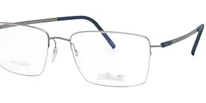 Optometrist eyeglasses with rectangular frame and blue accents.