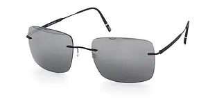 Sunglasses with dark lenses and slim black frame, ideal for eye protection and style.