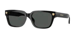 Stylish black Versace sunglasses with gold logo accents, perfect for men’s fashion.