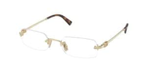 Stylish gold rimless eyeglasses with tortoiseshell temple tips.