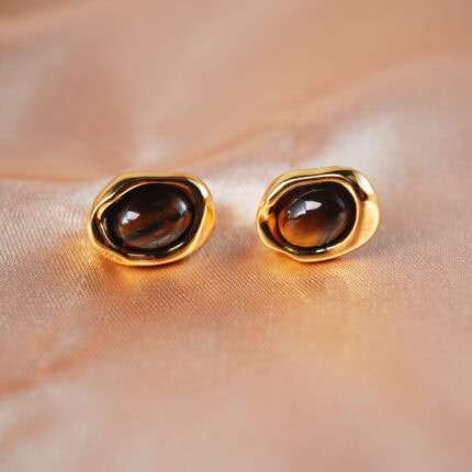Pair of tiger eye stud earrings with 18K gold-plated
