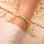 Model wearing the amber & aquamarine bracelet – 4mm minimalist style