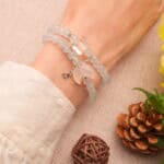 Wearing Aquamarine Kyanite Bracelet with Moon and Butterfly Charm – Calming Jewelry Look