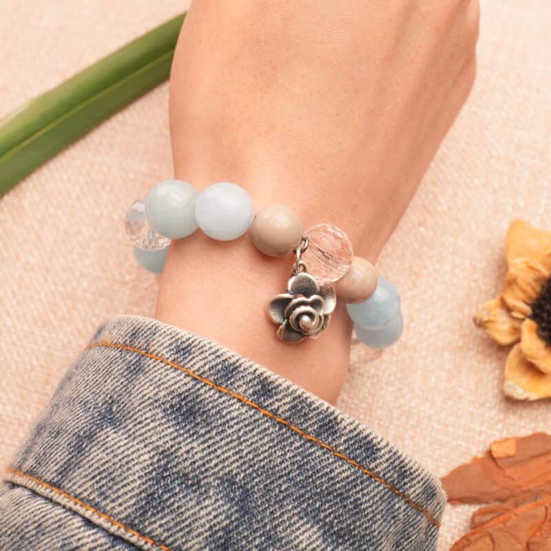 Wearing Aquamarine Clear Quartz Bracelet – Flower Charm Jewelry for Calm and Clarity