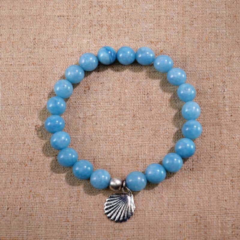 Blue Chalcedony Bracelet with Seashell Charm – Ocean-Inspired Crystal Jewelry