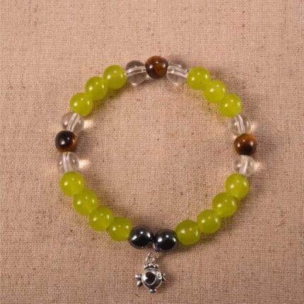 Trio crystal bracelet featuring chalcedony, tiger eye, and clear quartz arranged in a balanced design