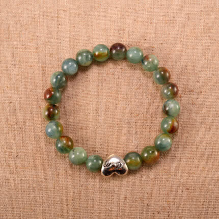 Cherry Blossom and Green Agate Bracelet featuring heart-shaped charm and natural gemstone beads, handmade for emotional healing and calm.