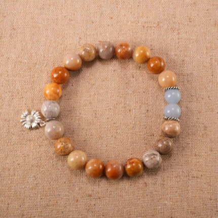 Landscape Stone & Blue Chalcedony S925 Bracelet with flower charm, minimalist design for men and women