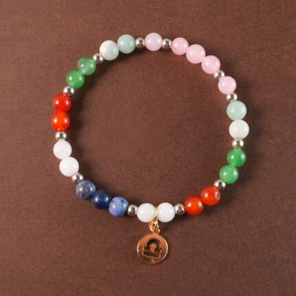 Libra gemstone bracelet with rose quartz, amazonite, green aventurine, red jasper, and blue lace agate