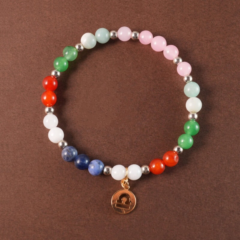Libra gemstone bracelet with rose quartz, amazonite, green aventurine, red jasper, and blue lace agate