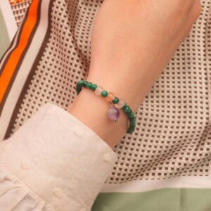 Wearing Malachite & Amethyst Bracelet – 4mm Beads with Charm for Balance and Intuition