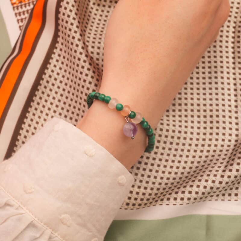 Wearing Malachite & Amethyst Bracelet – 4mm Beads with Charm for Balance and Intuition