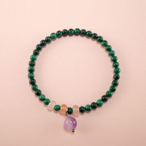 Lucky Malachite and Amethyst 4mm Charm Bracelet – Green and Purple Beaded Crystal Jewelry