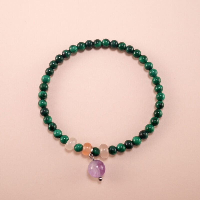 Lucky Malachite and Amethyst 4mm Charm Bracelet – Green and Purple Beaded Crystal Jewelry
