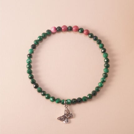Malachite and Rhodochrosite Butterfly Charm Bracelet – Green and Pink Crystal Jewelry
