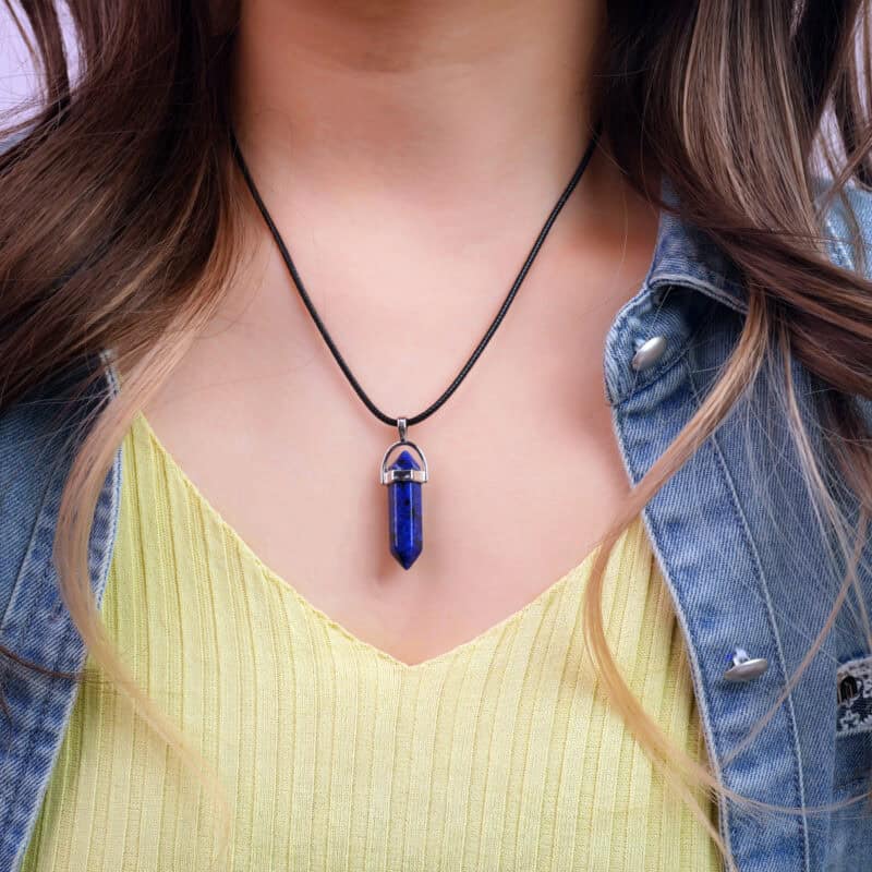 Model wearing the pendant showcasing stone’s color and pendant length