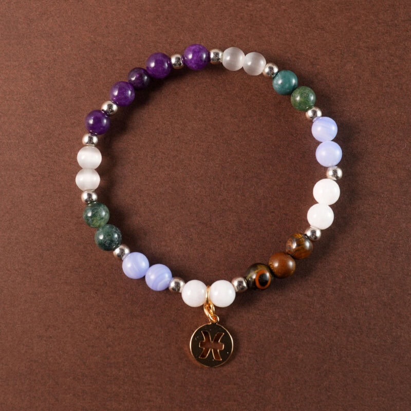 Pisces jewelry bracelet with tiger eye, chalcedony, blue banded agate and moss agate beads