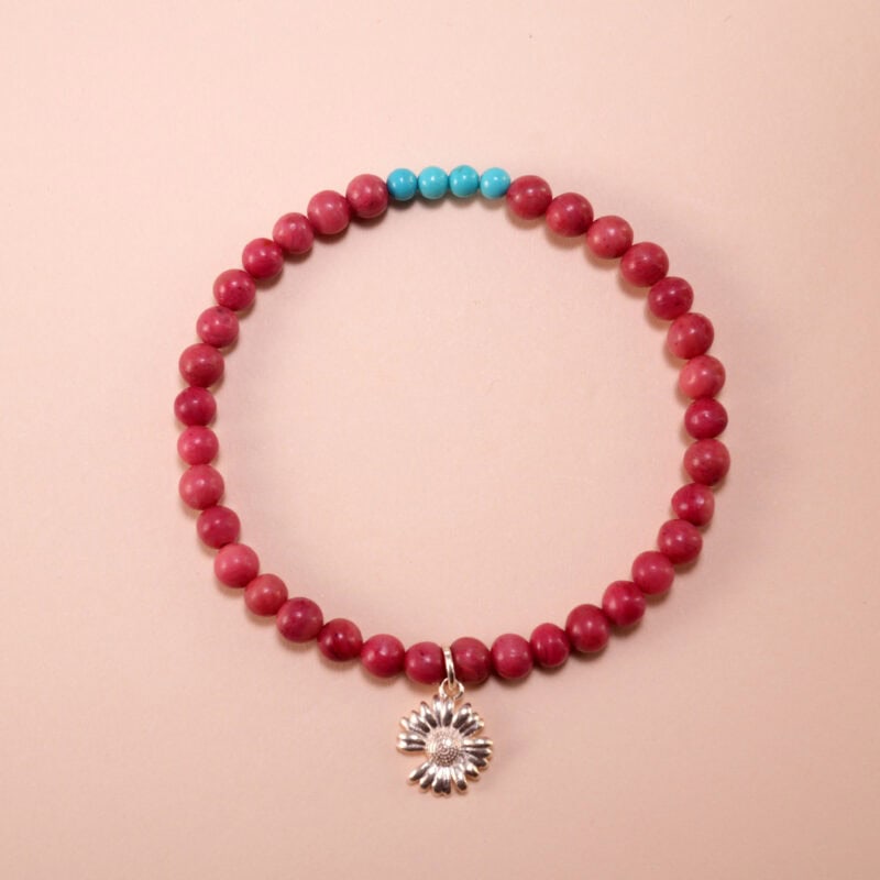 Rhodochrosite and Turquoise Silver Bracelet with Flower Charm – Handmade Gemstone Jewelr