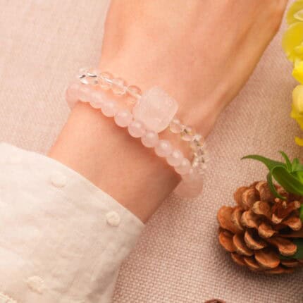Wearing Rose Quartz & Clear Quartz Wrap Bracelet – Gentle Healing Crystal Jewelry