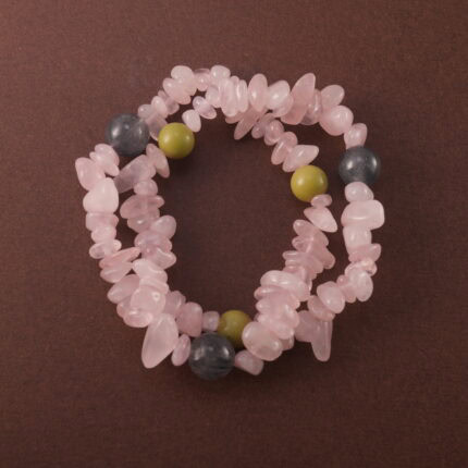 Rose Quartz and Gray Rutilated Quartz Bracelet with Alashan Stone – Healing Bracelet Stack