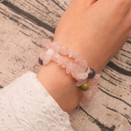 Wearing Stacked Rose Quartz and Rutilated Quartz Bracelet – Soft Pink and Gray Crystal Jewelry
