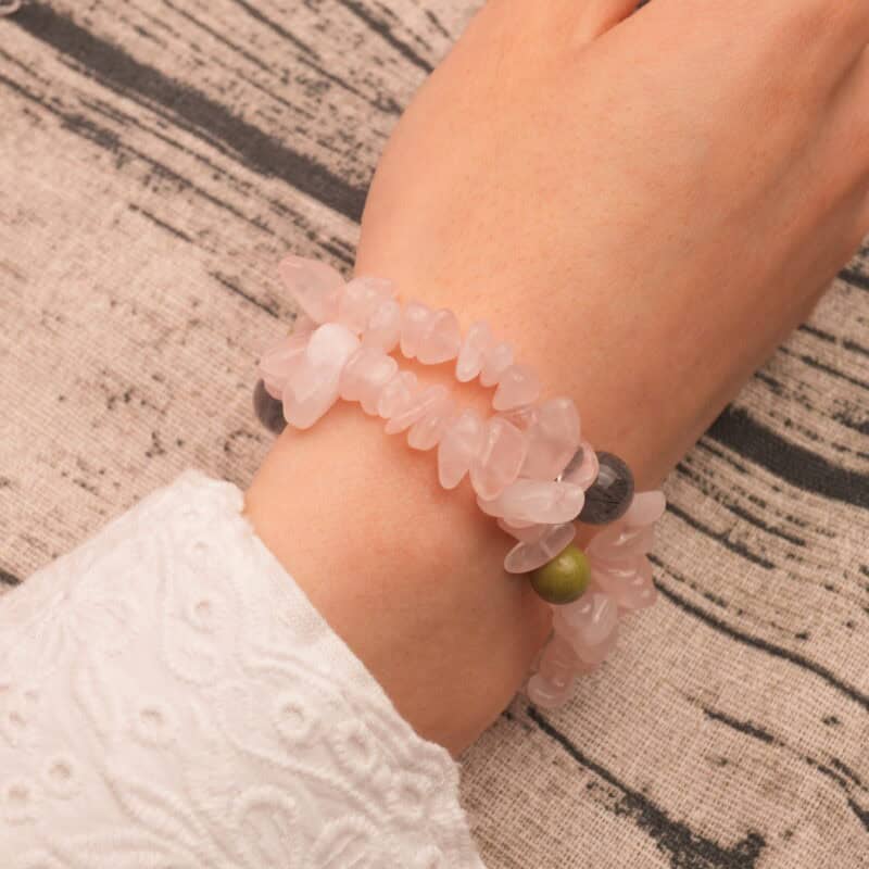 Wearing Stacked Rose Quartz and Rutilated Quartz Bracelet – Soft Pink and Gray Crystal Jewelry
