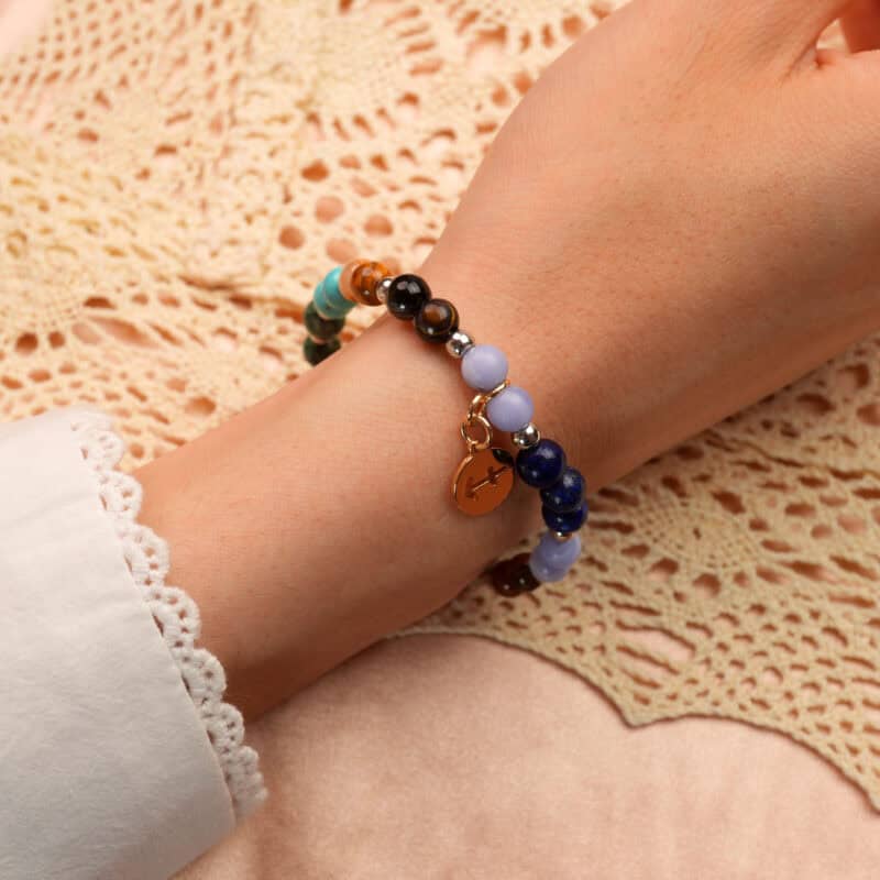 Model wearing Sagittarius jewelry zodiac bracelet with gemstone beads