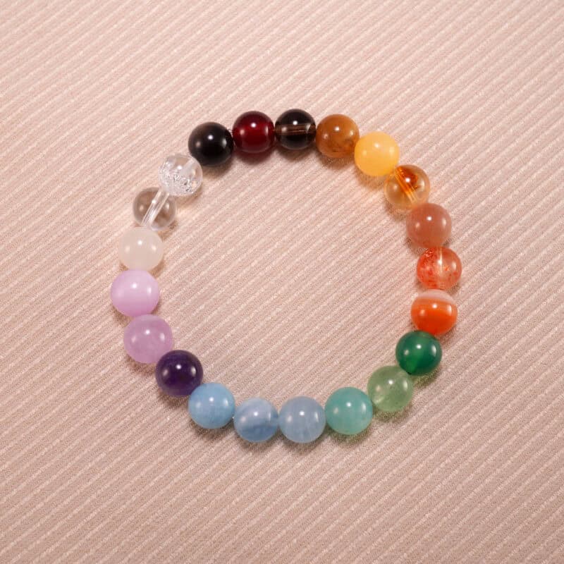 Handmade Seven Chakra Bracelet with agate, amethyst, aquamarine, and other crystals on S925 silver accents