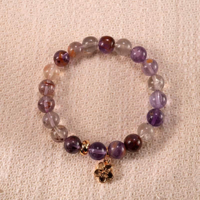 Sleep-Calming Phantom Amethyst Bracelet with 8mm Beads and Flower Charm – Full Product View