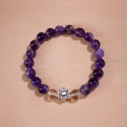 Elegant 8mm Amethyst Bracelet with Flower Charm – Full View